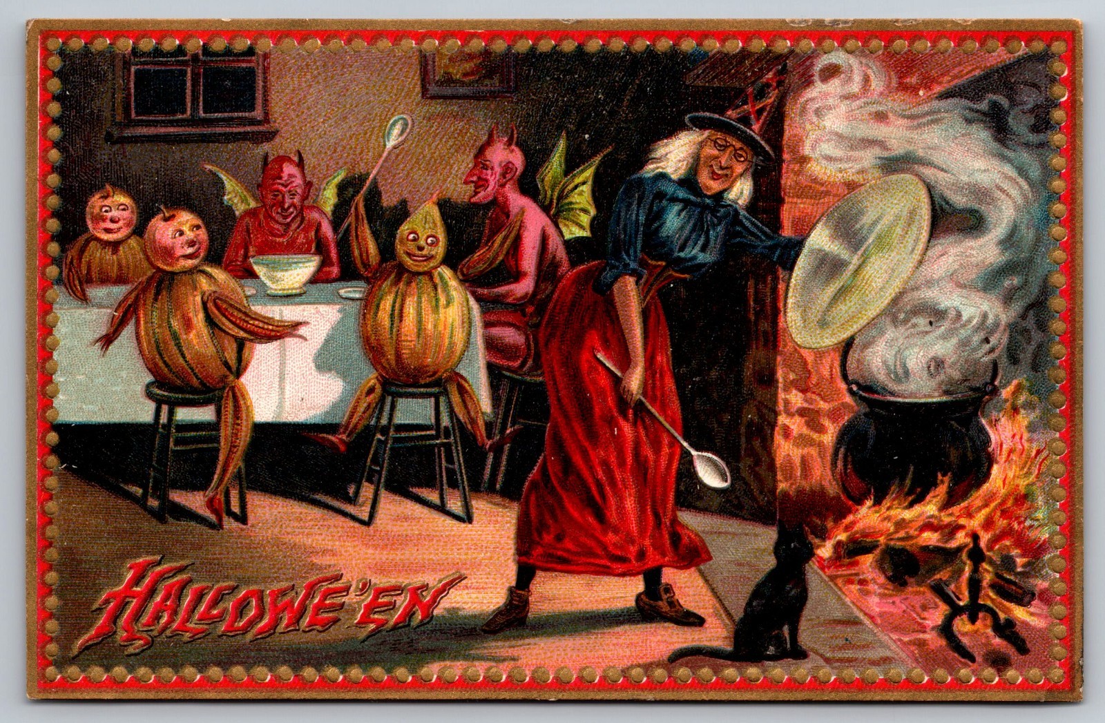 Iconic Raphael Tuck Halloween Postcard 160 Witch Devils Pumpkin People Unposted