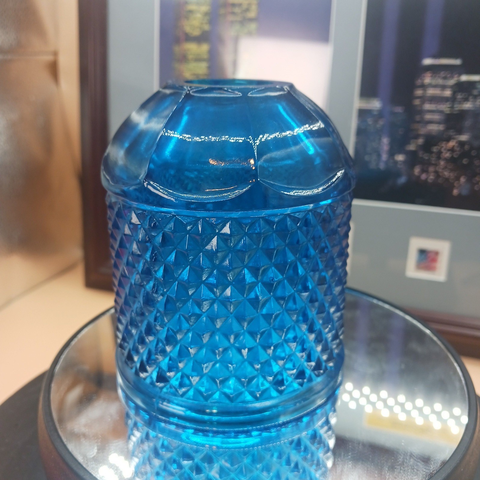 Vtg Viking Colonial Blue Diamond pt Fairy Lamp Top