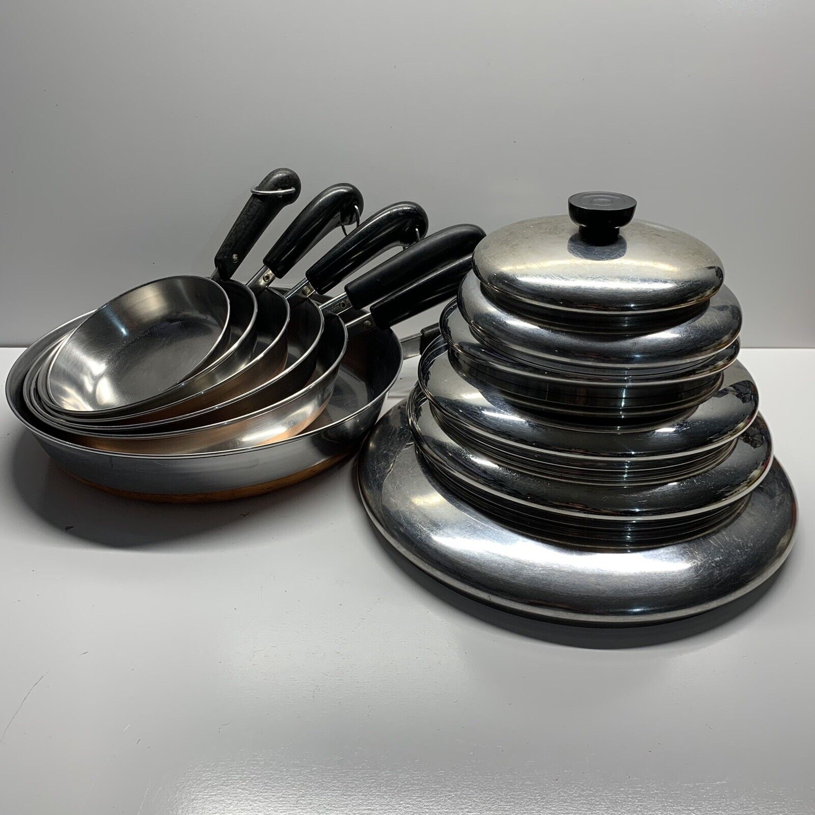 12 Piece Vintage Revere Ware Lot Copper Bottom Cookware Pan Skillet Set W/ Lids