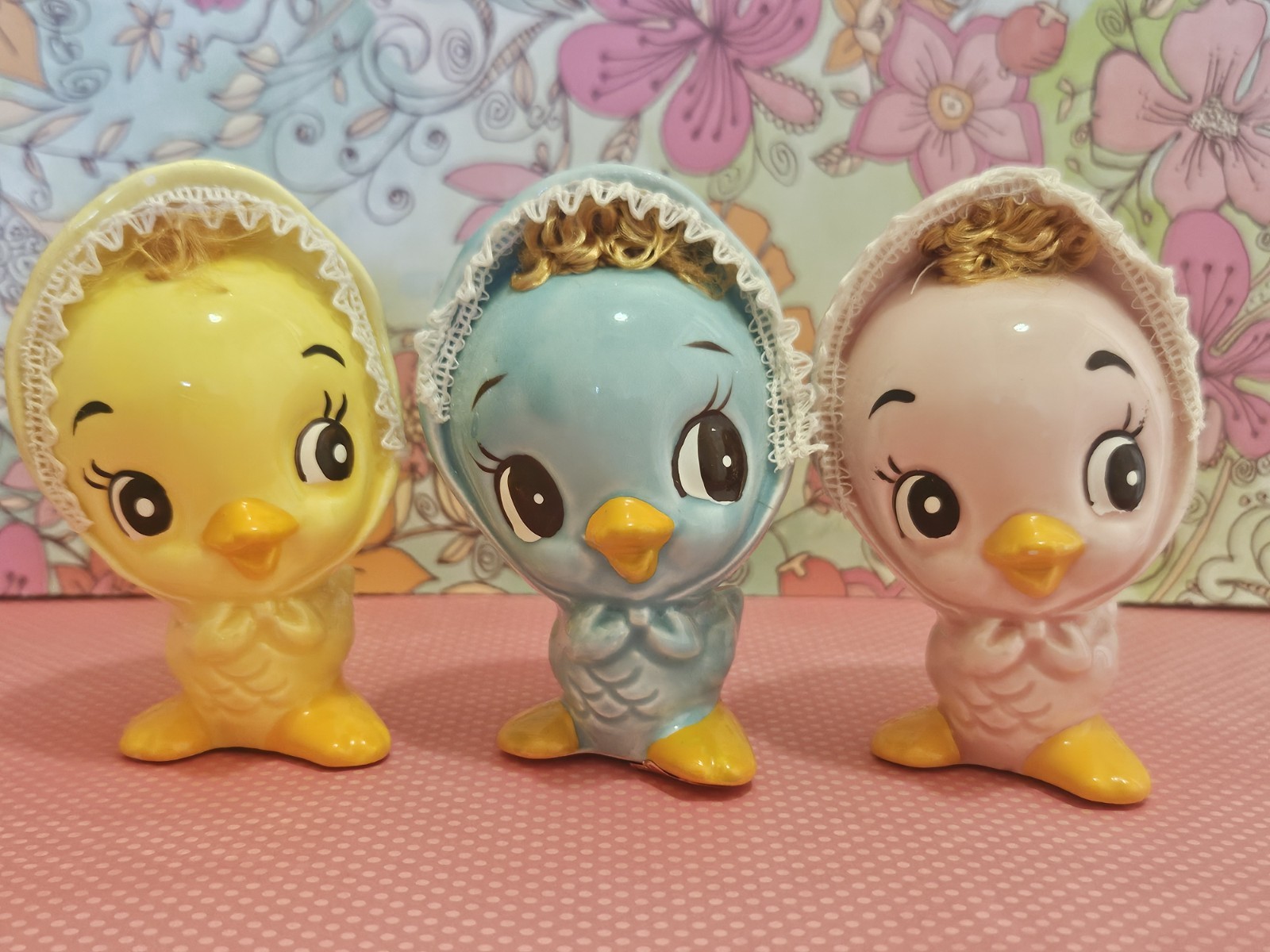 Set of three vintage anthropomorphic ceramic baby chick figurines