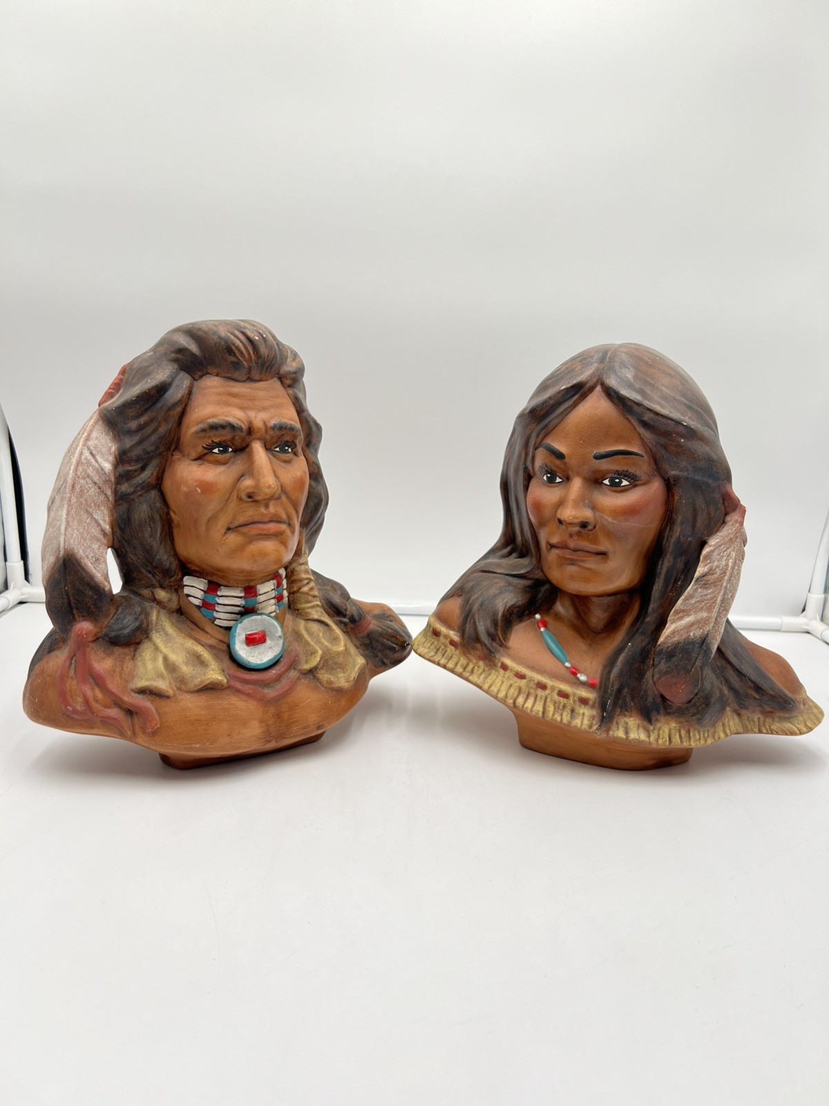 Vintage 1992 Native American Indian Couple Ceramic Head Bust Statues Ht. 10.5”