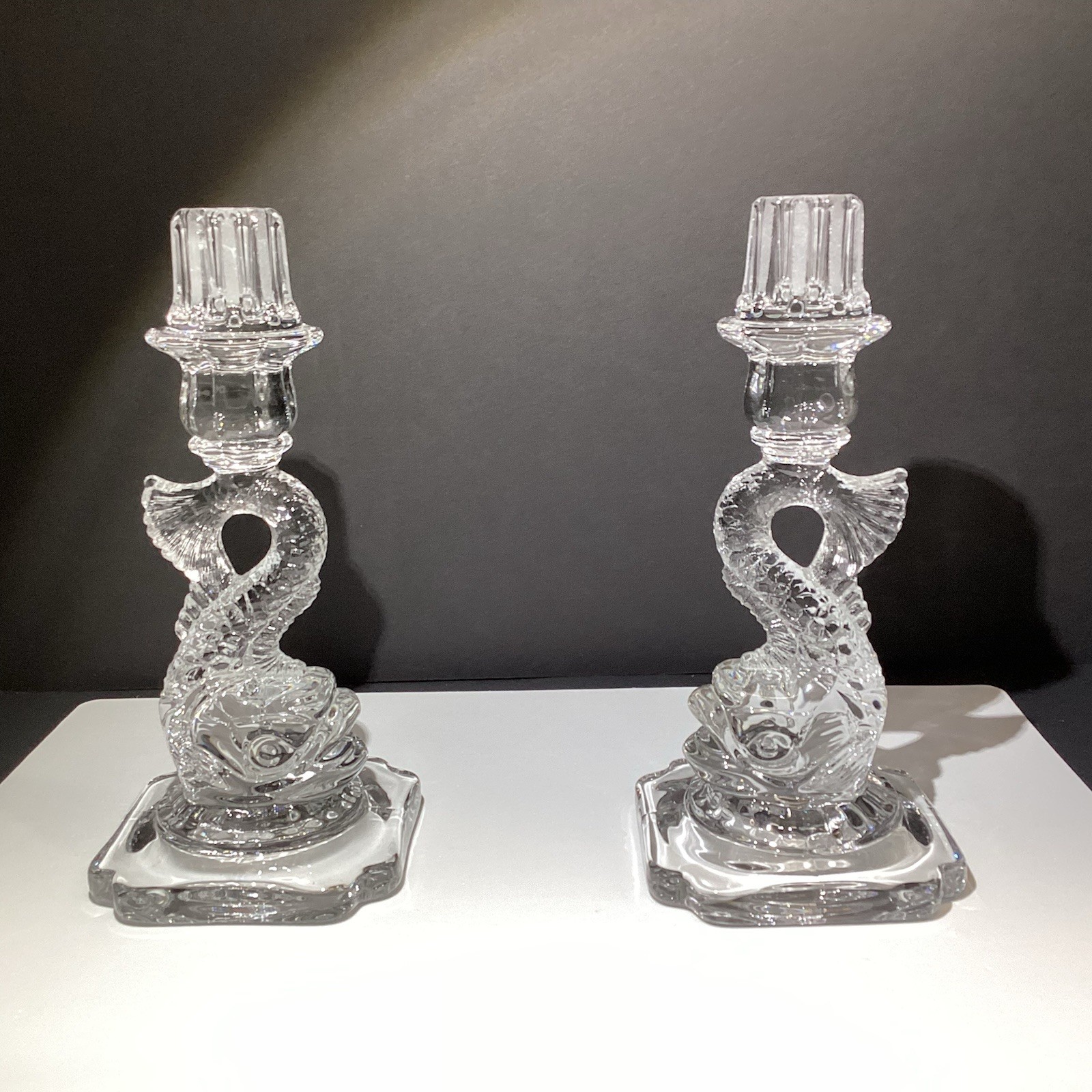 Rare VTG Cambridge 1612 clear glass dolphin Fish candlesticks