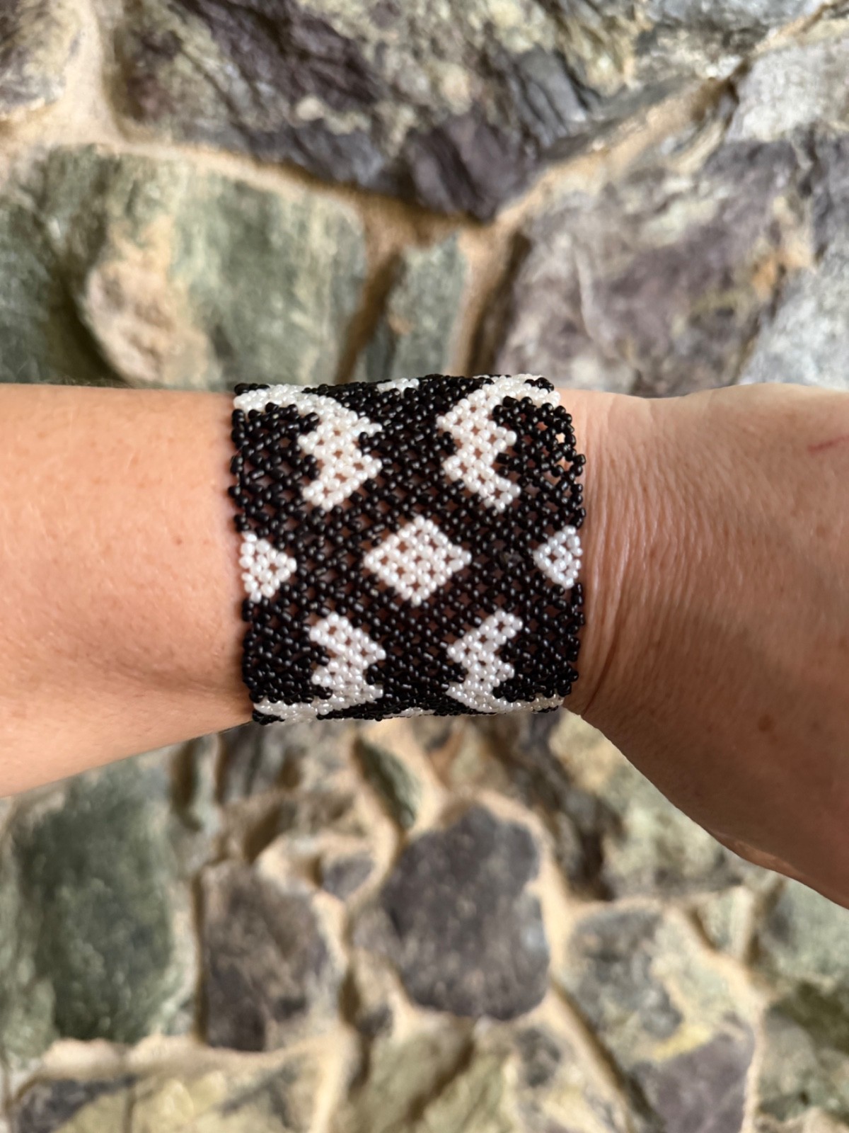 Shipibo Beaded Bracelet Black Pearly White Inspired Bracelet  7 3/4