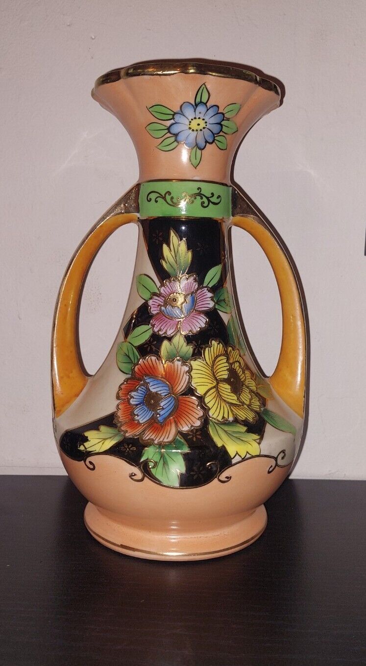 Vintage Handpainted Double Handle Lusterware Ceramic Vase Flowers Decor - Japan