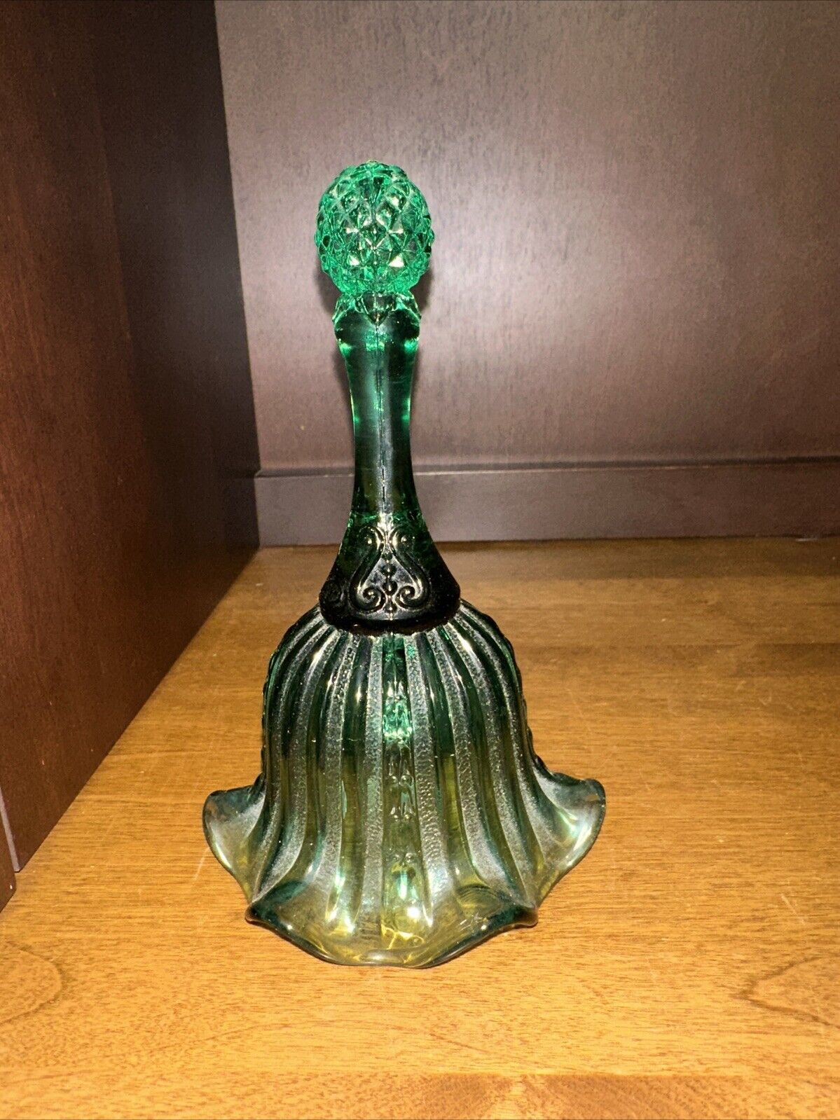 Fenton Bell Glass Faberge Colonial Green Ruffled Vintage 6.75”