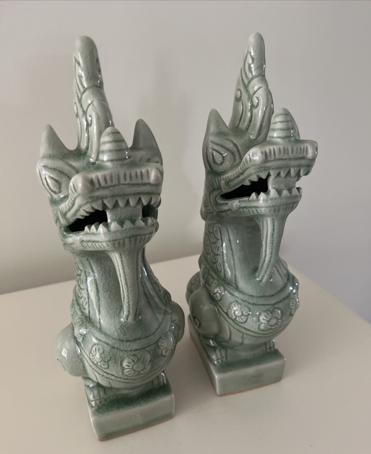 THAI CELADON DRAGONS JADE GREEN pair of Vintage Statues Siamese Art 12 Inches