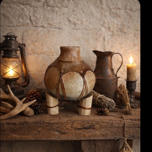 Vintage Mexican Clay Pottery Leather Laced Water Jug With Wooden Stand 