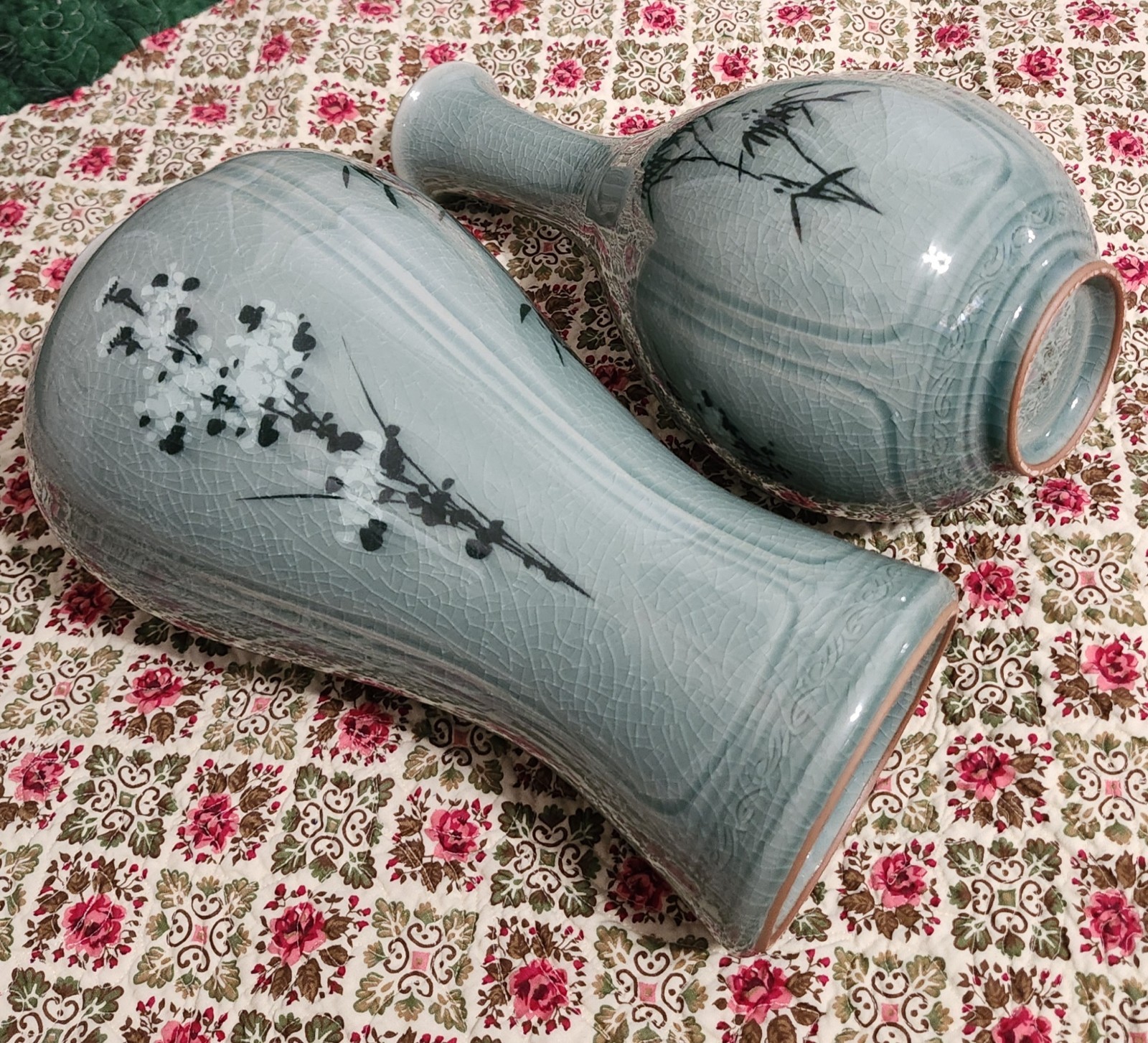 Pair Vintage Korean Celadon Crackle Glaze Vases Hand Painted Plum Blossom