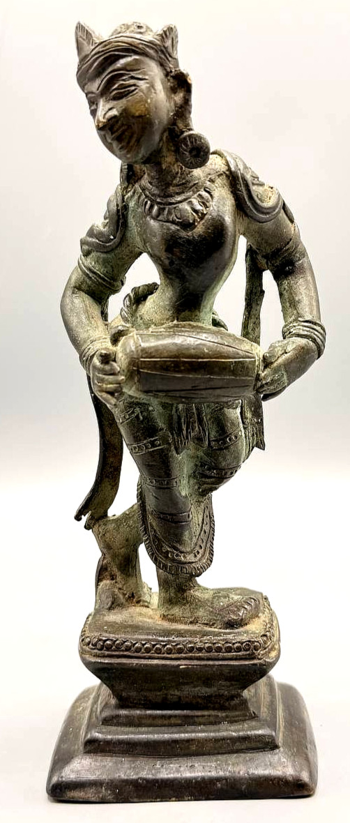 Vintage Indian Bronze Apsara Dancer Statue Drum Lost Wax Chola Style 8