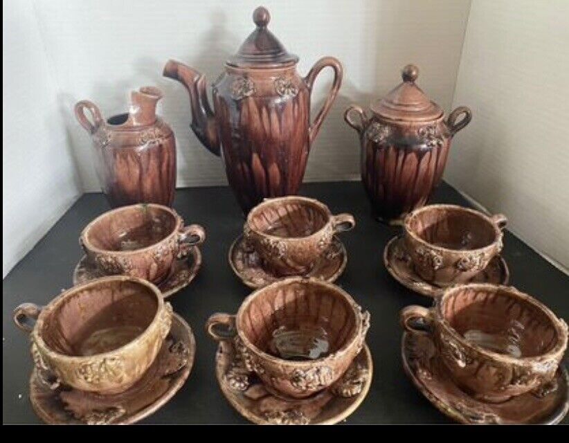 Vintage Rustic brown glazed clay tea set. 