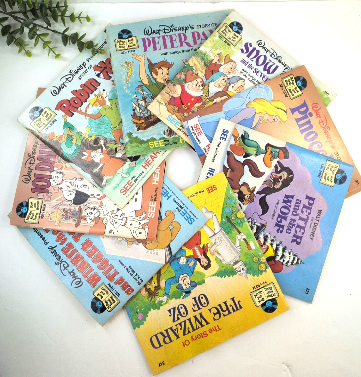 VNT LOT 9🚨Walt Disney READ ALONG RECORD BOOK Classics Wizard Winnie Snow Robin