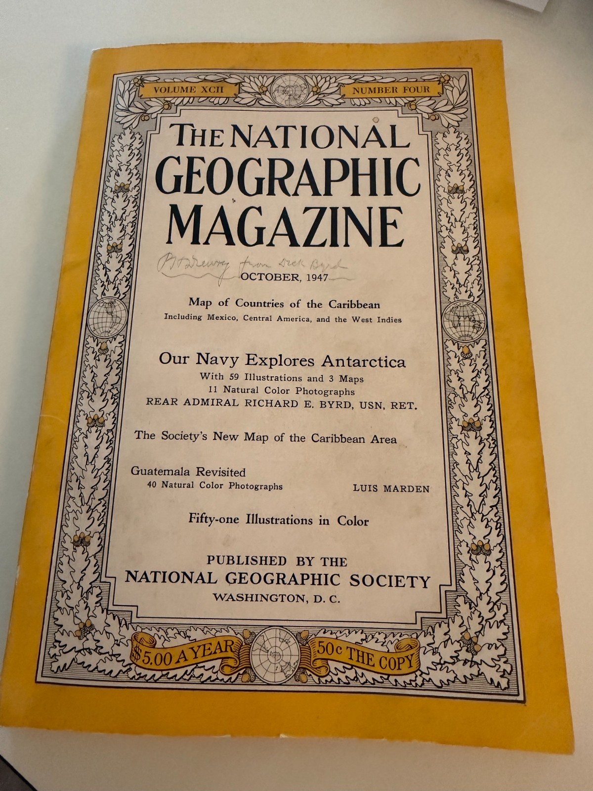 Rare Autographed 1947 National Georgraphic signed by RADM RICHARD E. BYRD