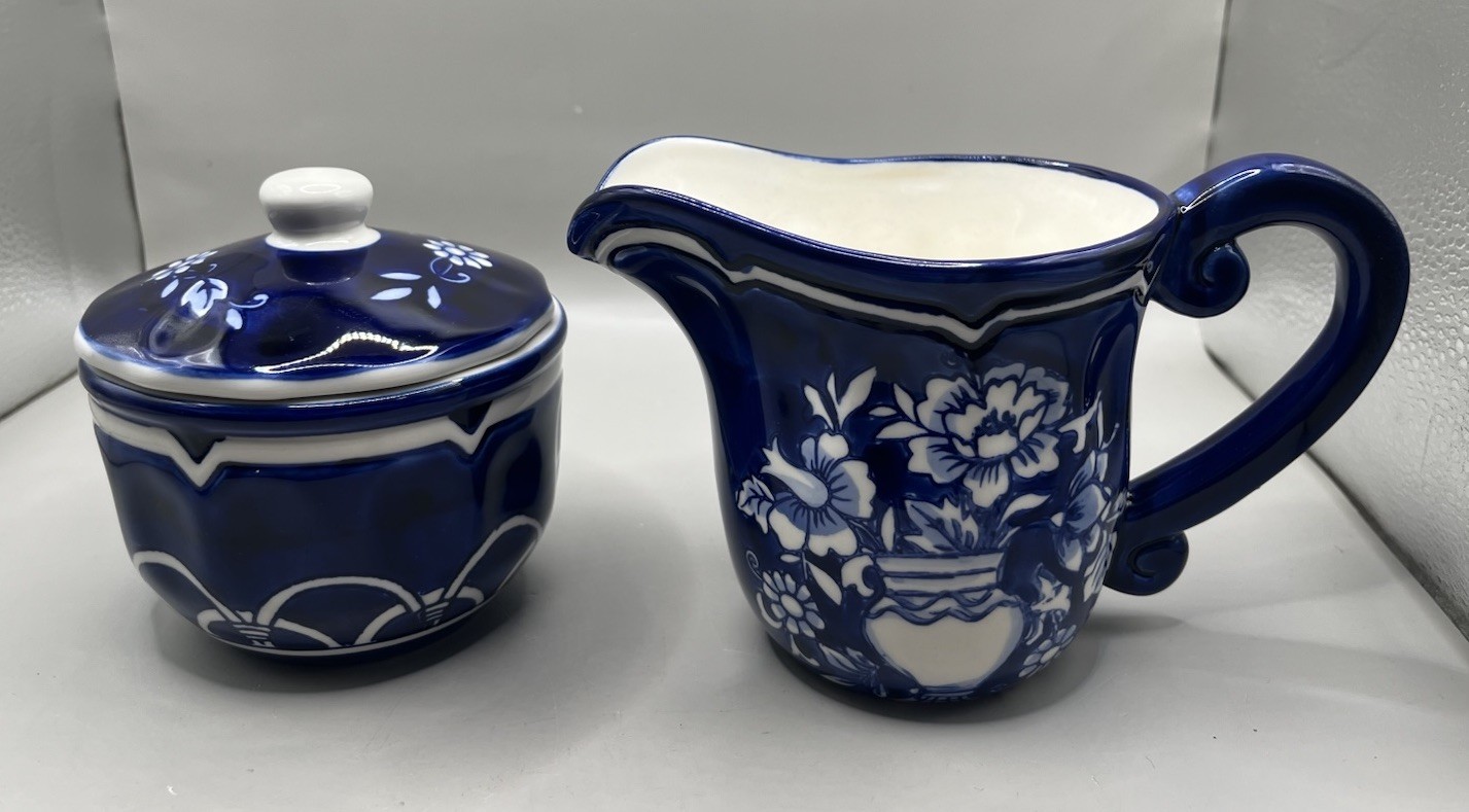 Euro Ceramics Blue Garden Cream & Sugar Breakfast Set 100% Stoneware