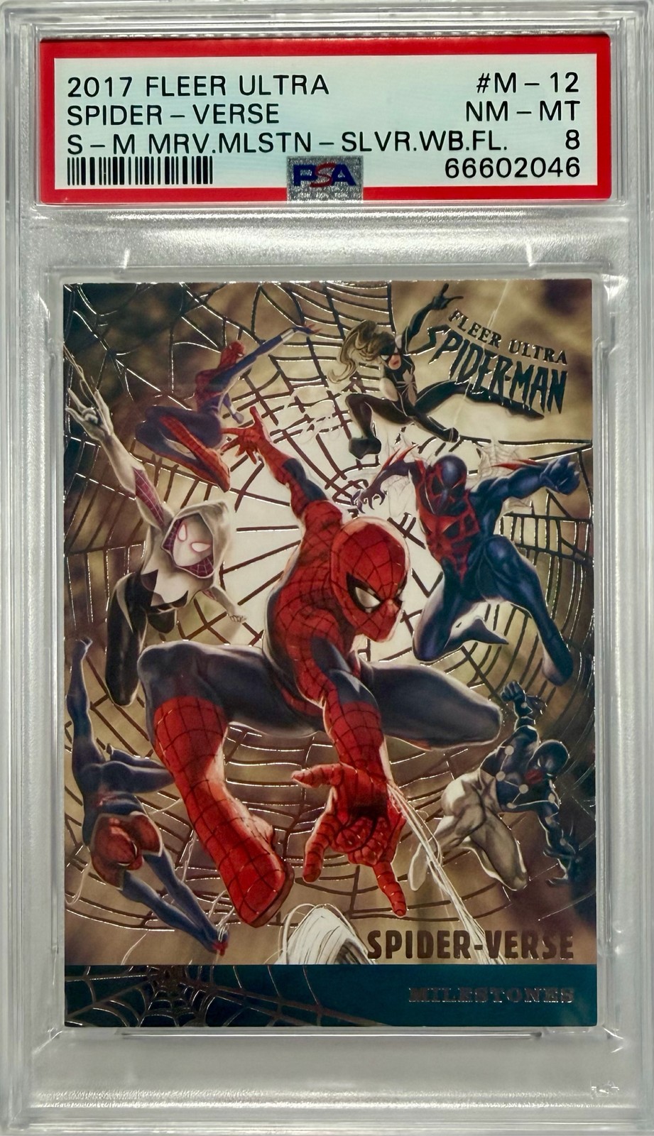 2017 Fleer Ultra Spider-Man Milestones M-12 Spider-Verse Silver PSA 8 NM-MT