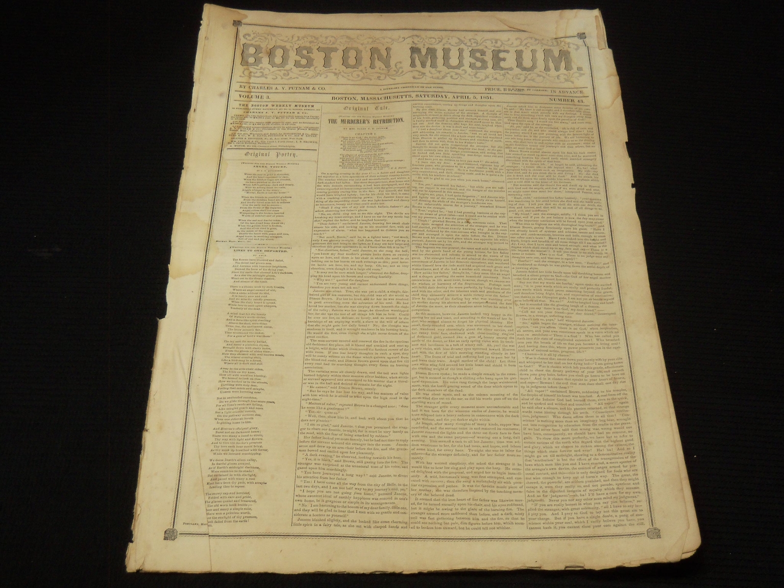 1851 APRIL 5 BOSTON MUSEUM NEWSPAPER - MURDERER\'S RETRIBUTION - AMIE - NP 9027