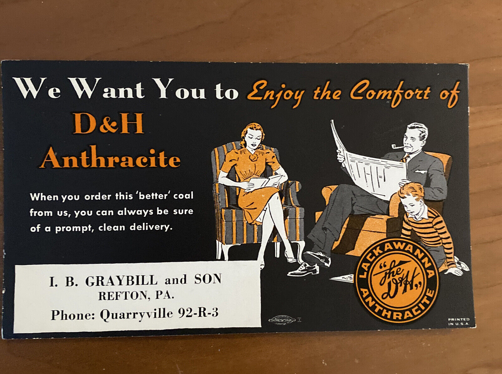 Vintage Advertising Ink Blotter Lackawanna Anthracite Coal Quarryville, PA