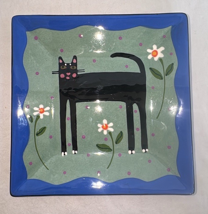 Vintage ‘04 Hand-Painted & Signed Sharon Bloom Black Cat Colorful Small Plate 6”