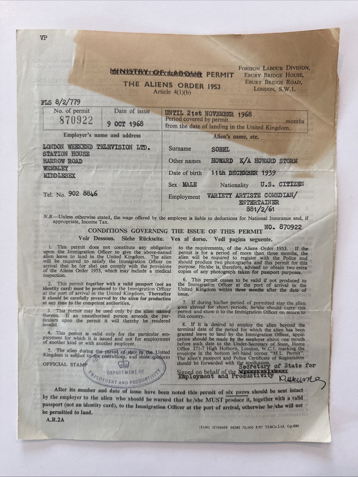 1968 Howard Storm Original UK Work Permit Mork & Mindy Director TV Comedian