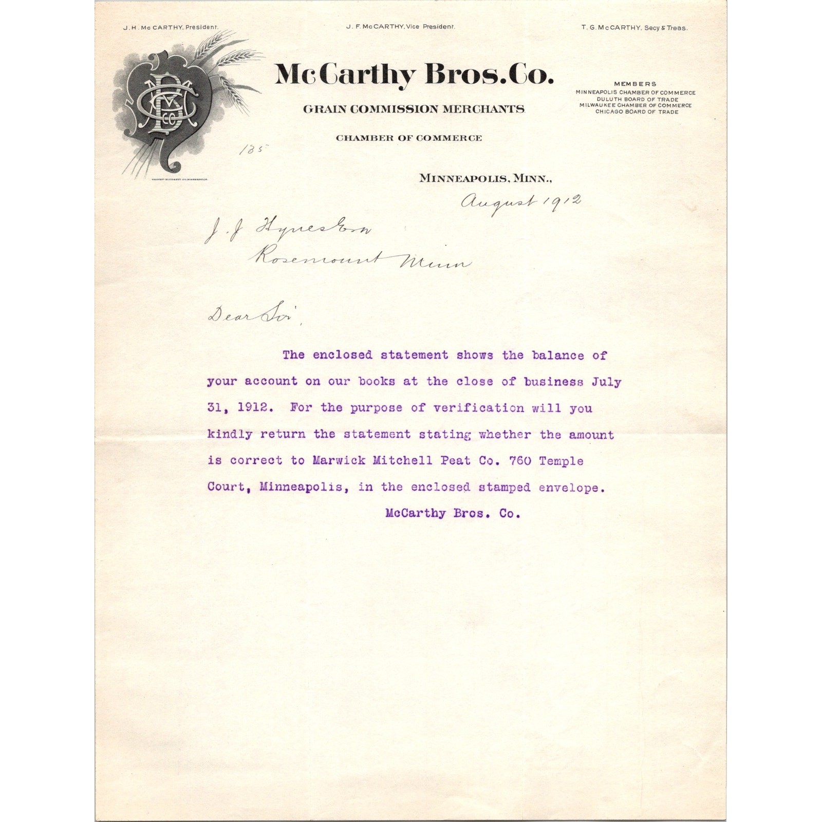 McCarthy Bros. Co. 1912 J. H. McCarthy Minneapolis MN Letterhead Billhead SK15