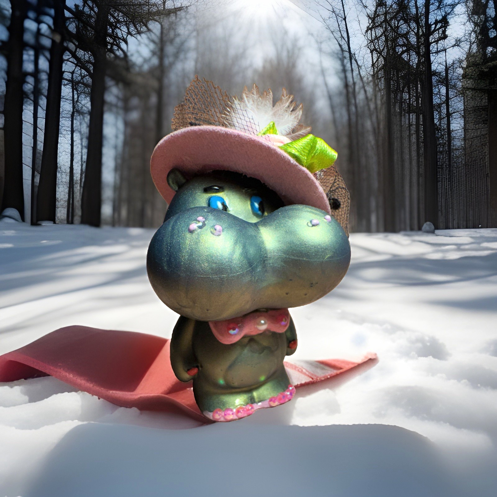Green Hippo Figurine, Pink Hat w/ Feather Flowers Veil, 3D Effect Green Hippo Figurine, Pink Hat w/ Feather Flowers Veil, 3D Effect