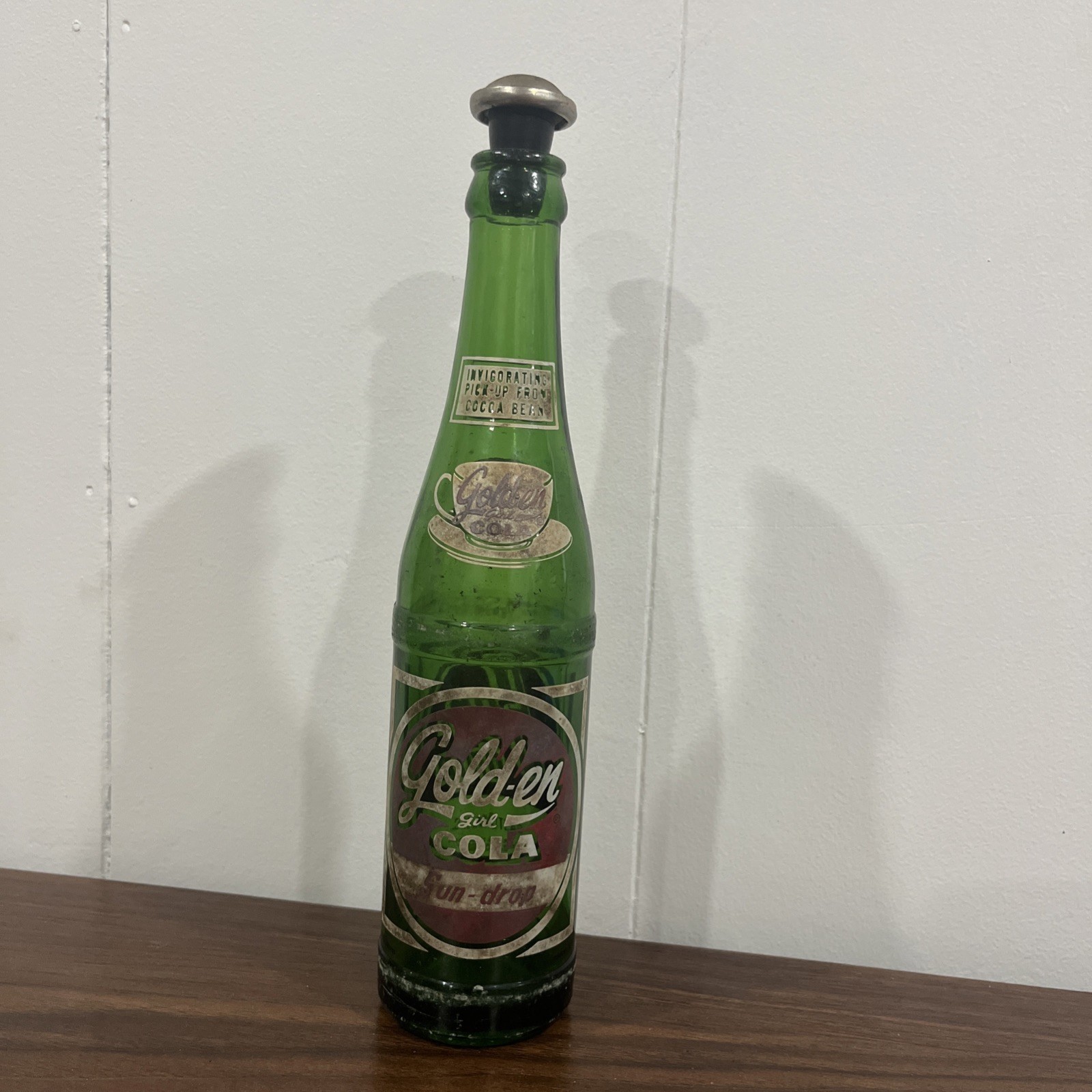 Vintage Sun-Drop Golden Girl Green Glass Cola Bottle 9 Oz Gastonia NC