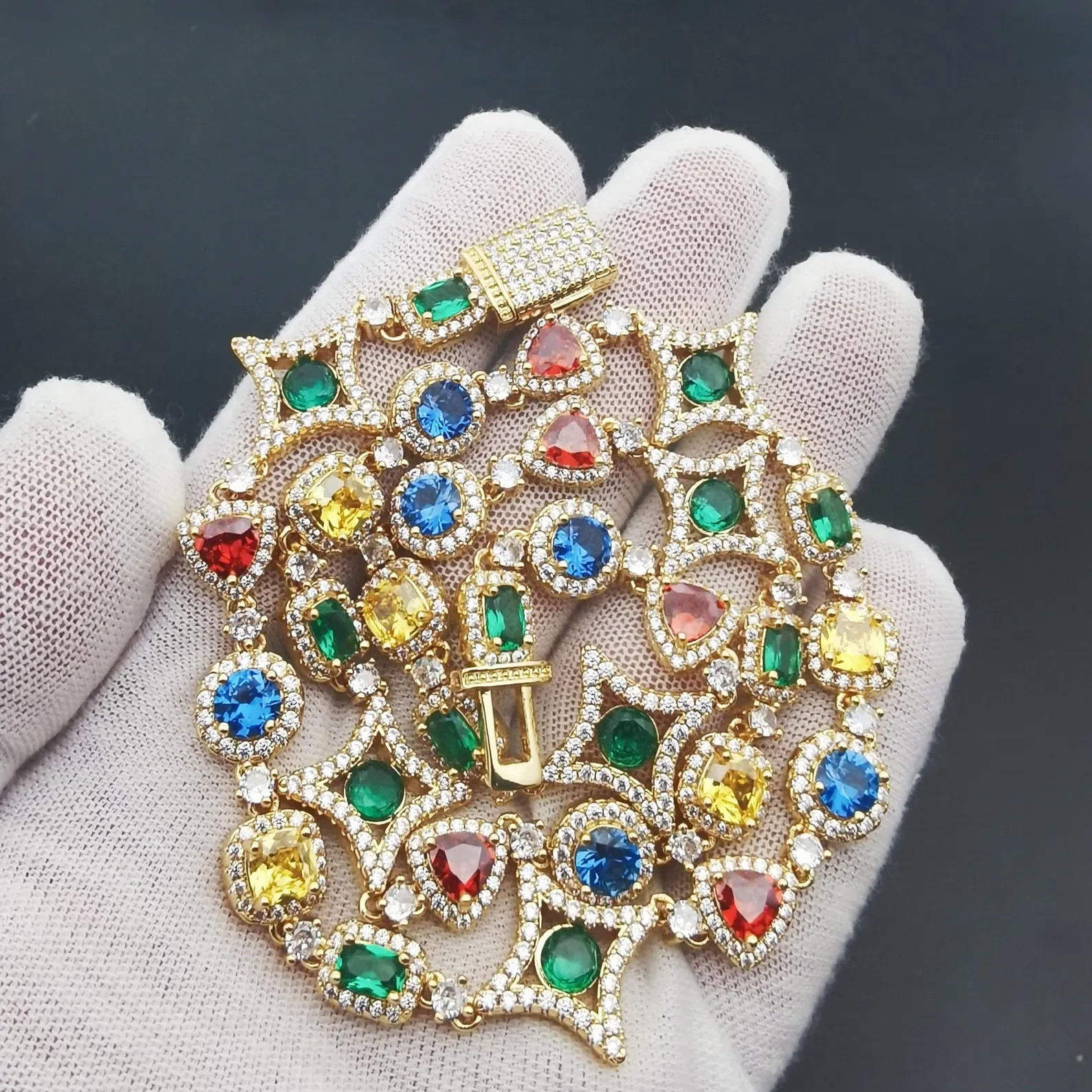 Multi-Gemstone & Diamond 18K Yellow Gold Over Men's Choker Tennis Necklace 18