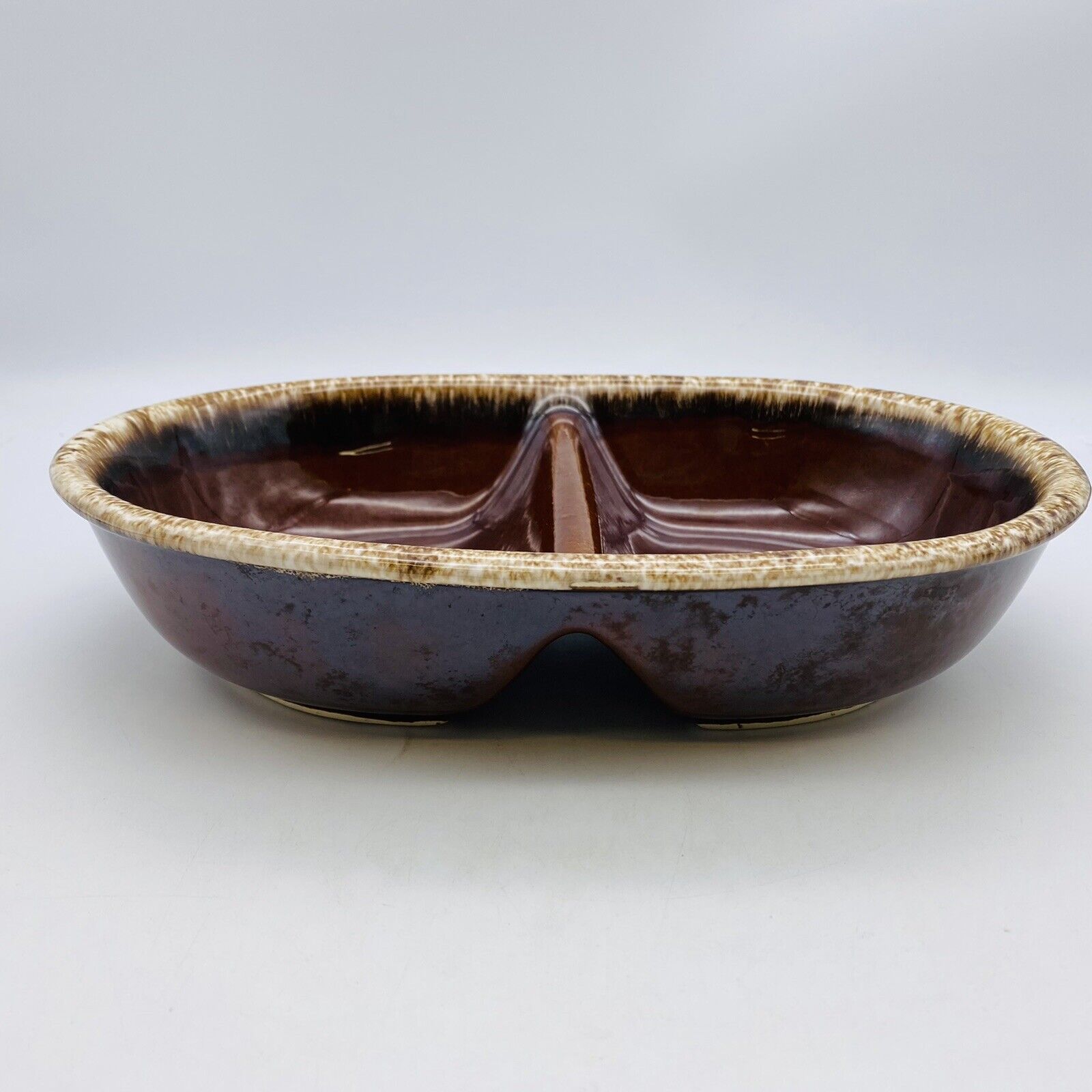 Hull Oval Divided Casserole Pottery Brown Drip Glaze 11
