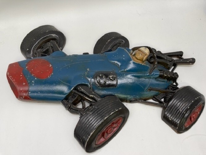 Vintage Sexton 3D Metal Blue Indy Race Driver Car Wall Plaque Molded Art