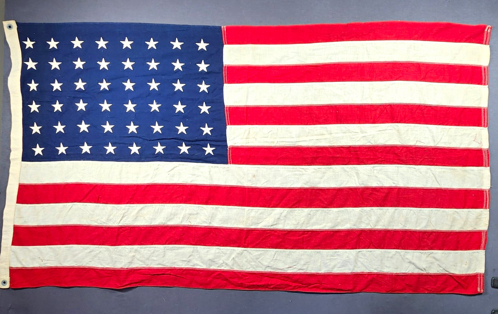 Vintage 48 Star American Flag Sewn Stripes Embroidered Stars 57x31 WWII Era