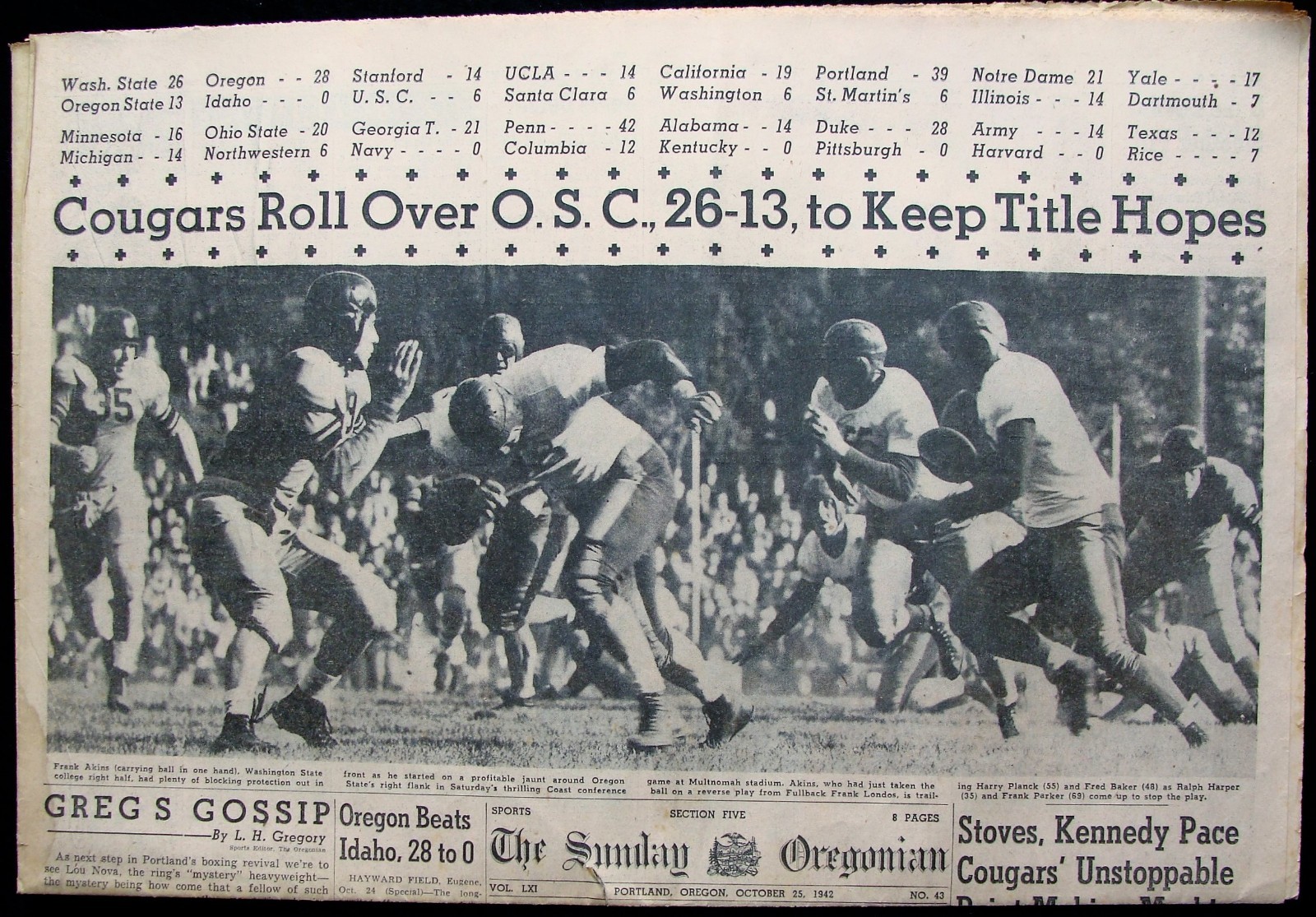 OCT 25, 1942 SUNDAY OREGONIAN NEWSPAPER - WASH. STATE ROLLS OVER OSU; DUCKS WIN