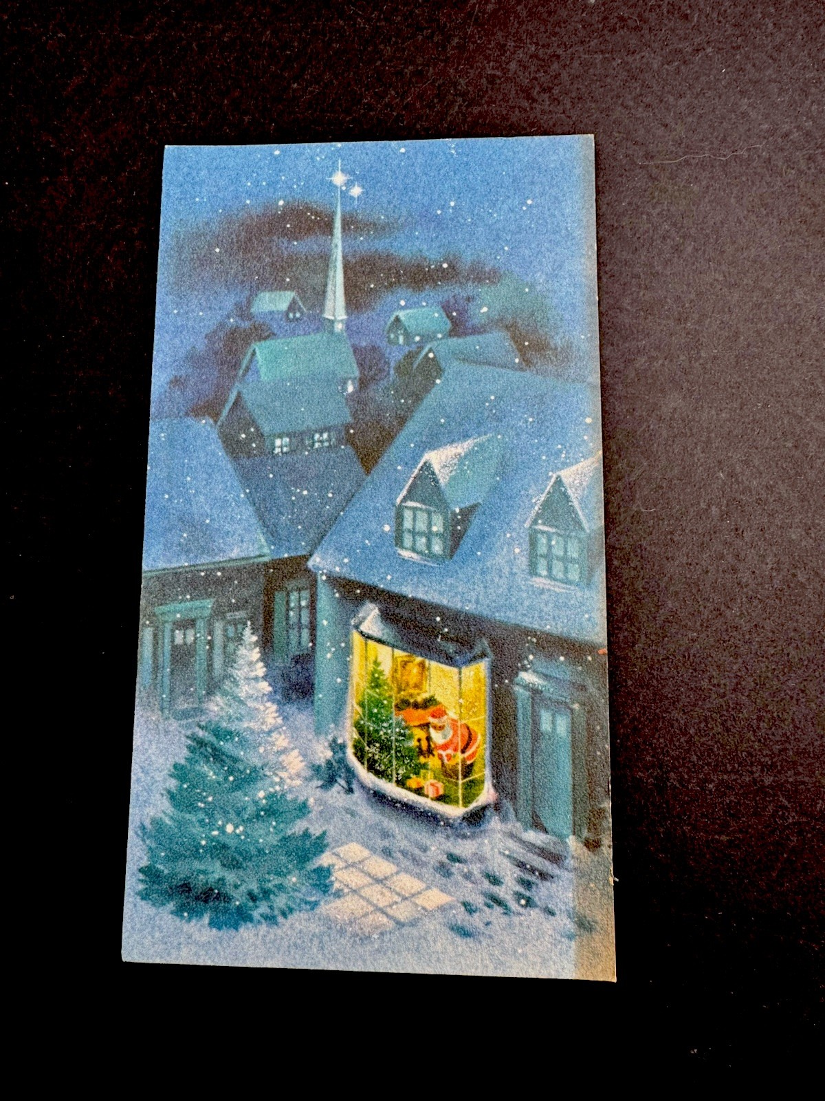 1 VTG Norcross Xmas Greeting Card Santa Spotted Dropping Off Presents Under Tree