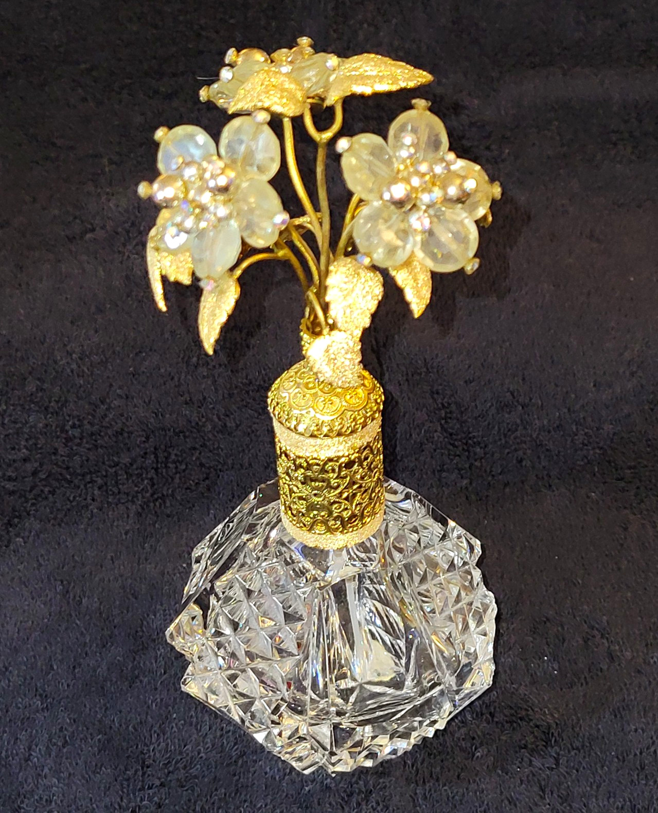 MINT VTG 1950s IRICE Cut Crystal Gold Perfume Bottle Jeweled Ormolu Topper WORKS