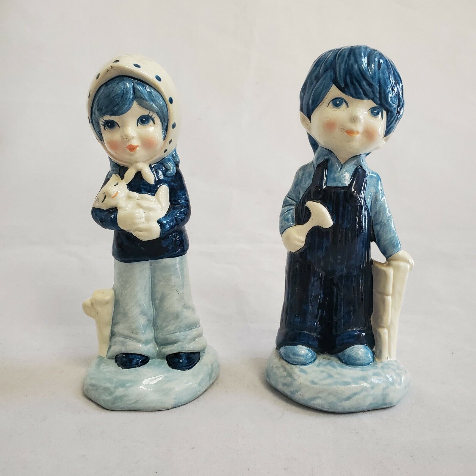 Farmer Boy Girl Kids MY Figurines Vintage Korea Asian Blue & White Kitschy