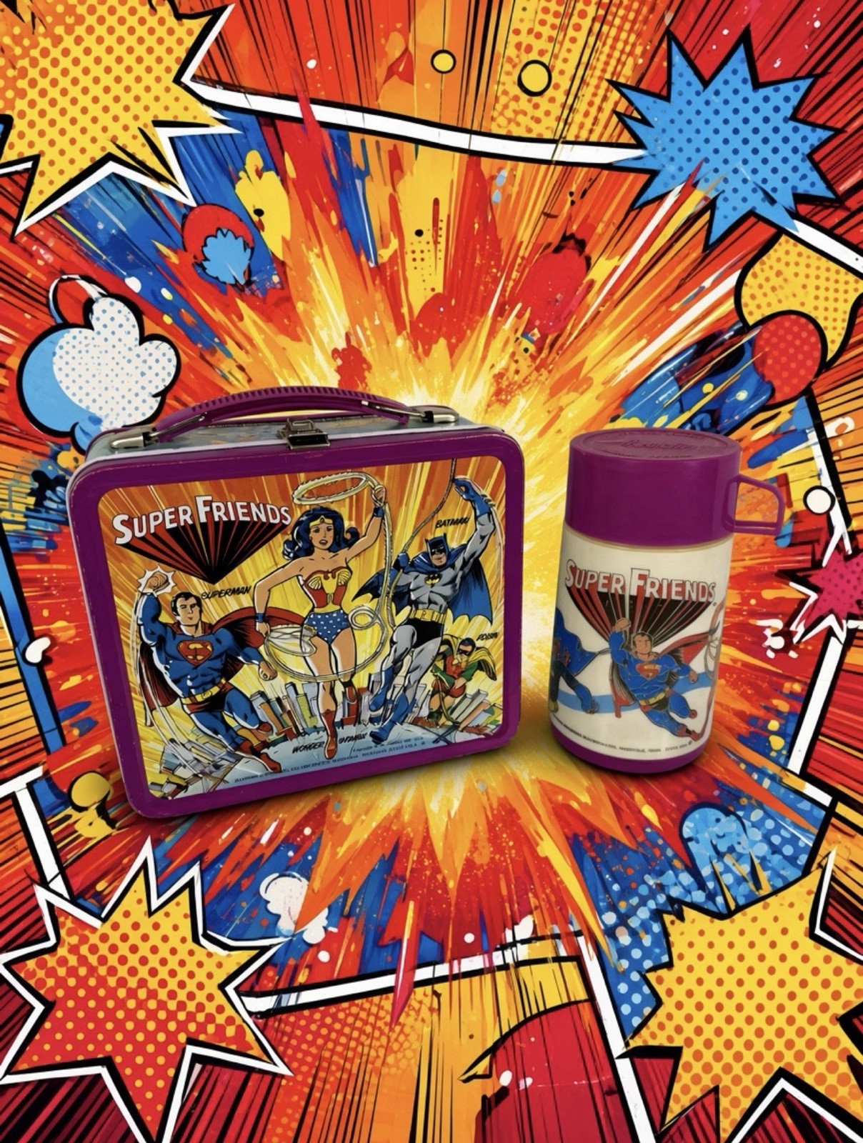 Vintage 1976 Super Friends Aladdin Metal Lunch Box w/ Thermos DC Comics