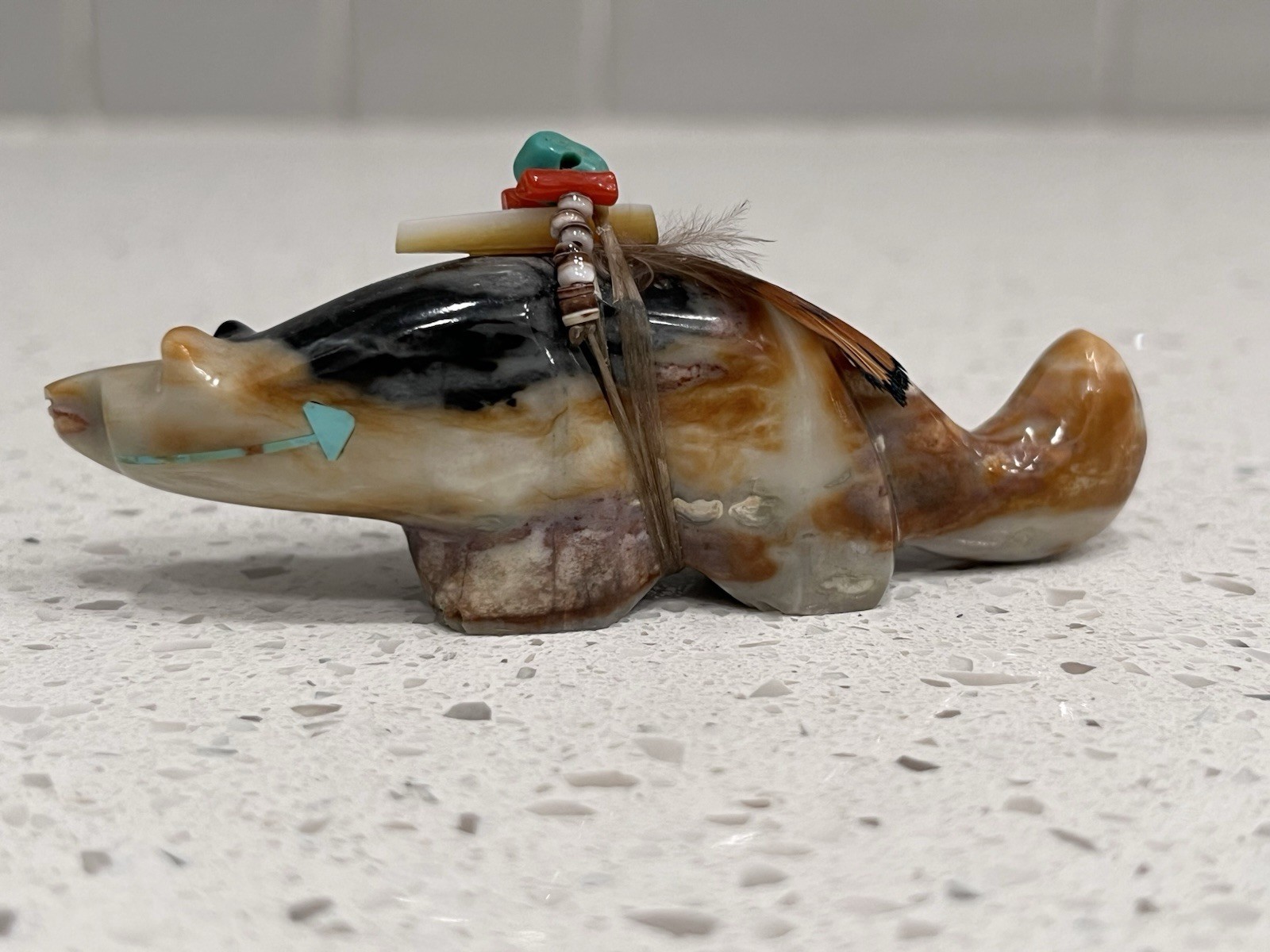 Zuni Navajo Badger Fetish Picasso Marble Heartline Feather Stewart Alonzo Signed