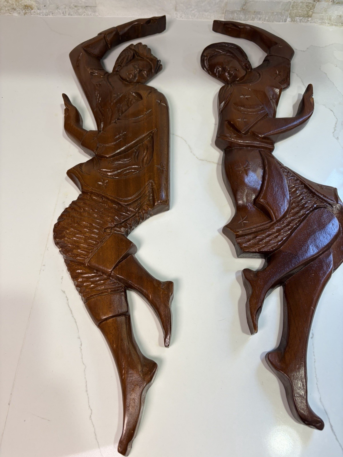 Vintage Carved Exotic Hardwood Dancing Couple Thailand Set Of 2
