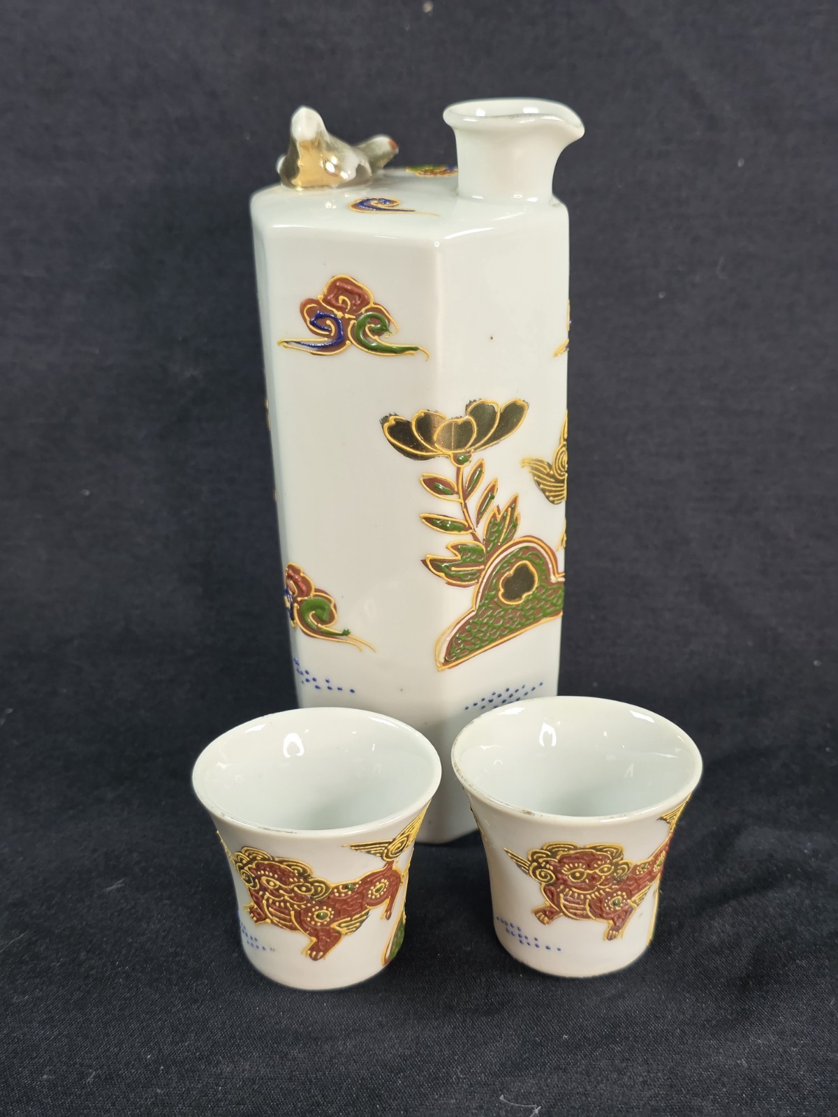 Vintage Japanese Kutani Whistling Sake Set Hexagonal Dragon 1 Bottle 2 Cups Read