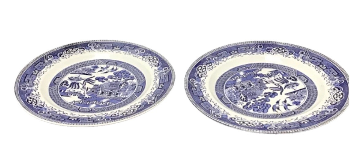 2 old willow plates blue and white ironstone straffordshire england 10”