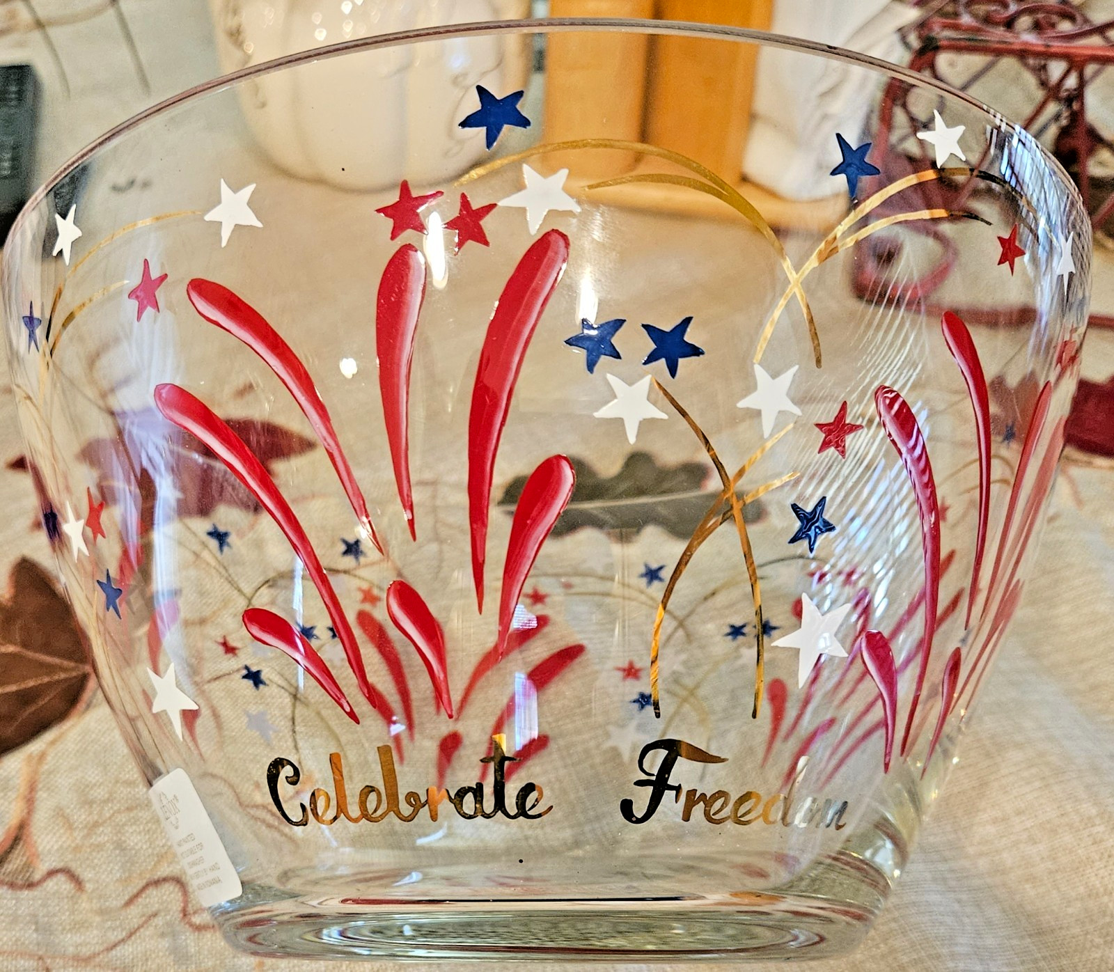 Lenox Clear Glass Celebrate Freedom Large Bowl NIB #6138671 2002 Vintage RW&Blue
