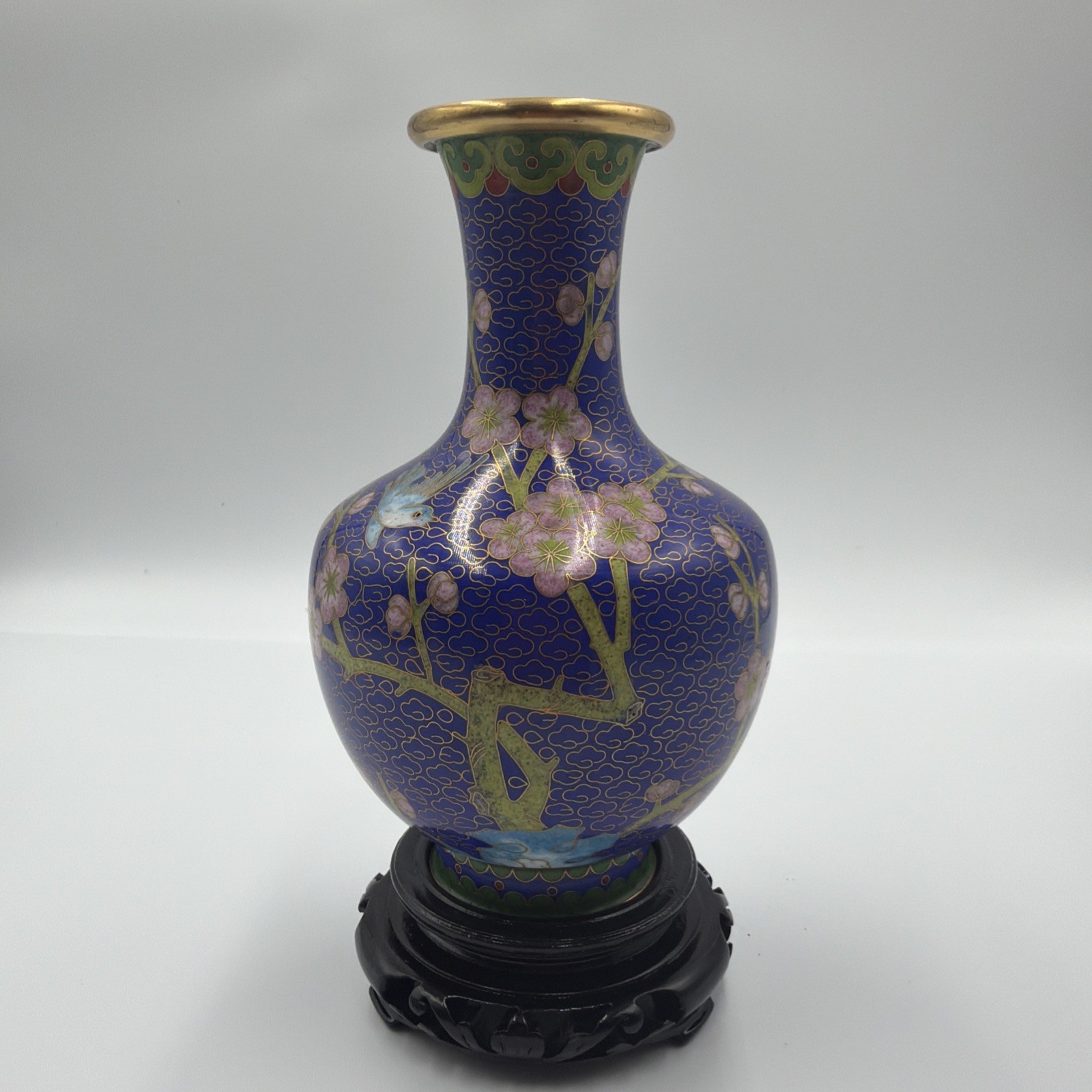 Pristine Vintage Chinese Cloisonne Vase Cobalt Blue Cherry Blossom Enamel 1970s Pristine Vintage Chinese Cloisonne Vase Cobalt Blue Cherry Blossom Enamel 1970s