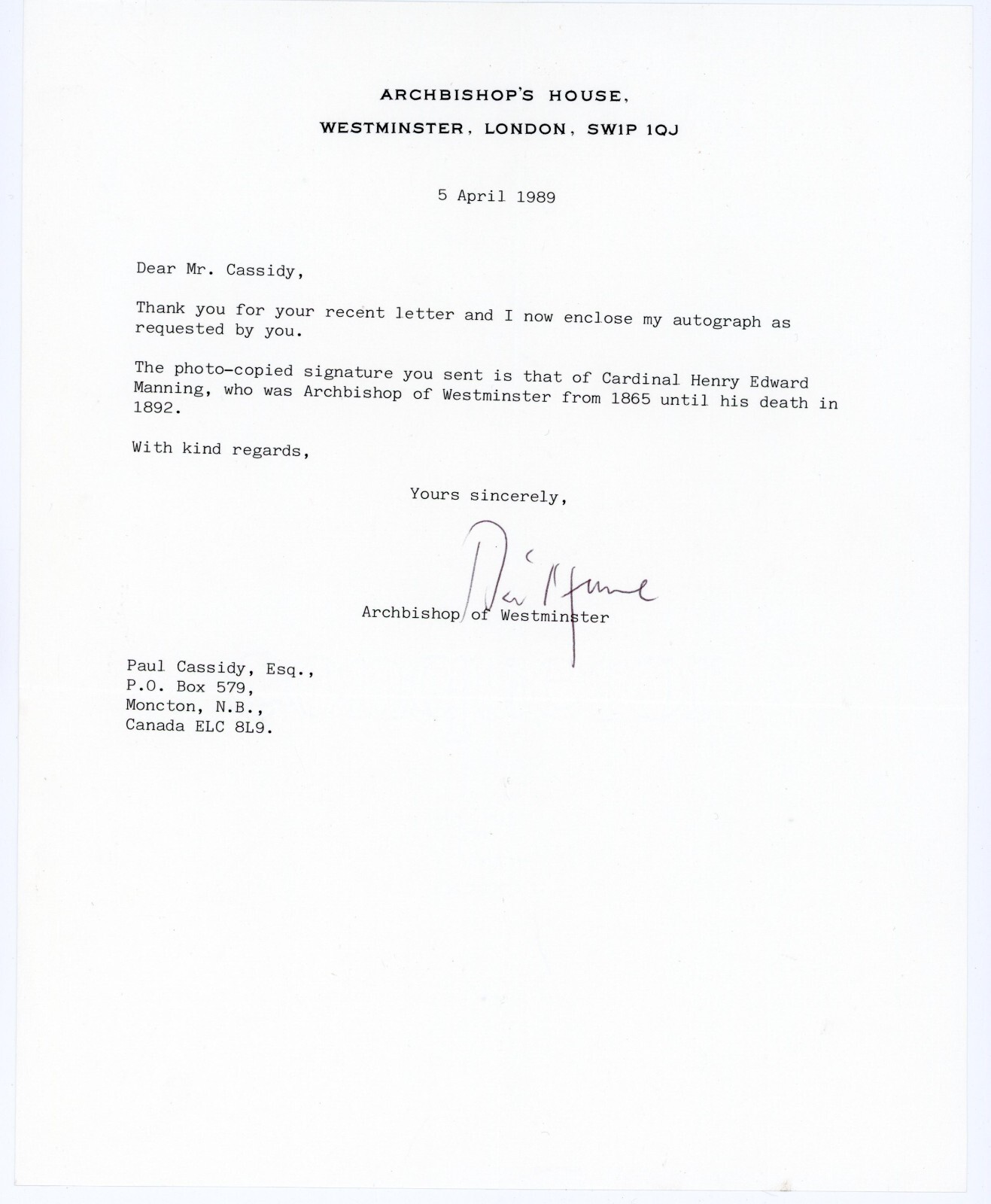 Cardinal Basil Hume – TSL Dated 1989 (Archbishop of Westminster)