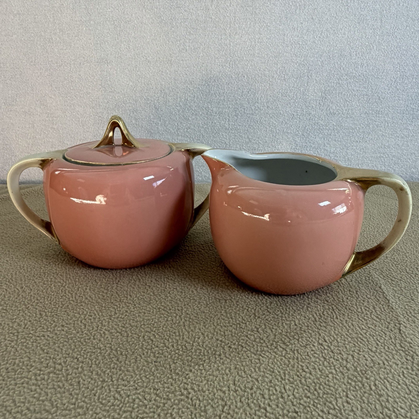 Antique RS Germany Porcelain Sugar Bowl & Creamer Set Blush Pink Gold Gilt Deco