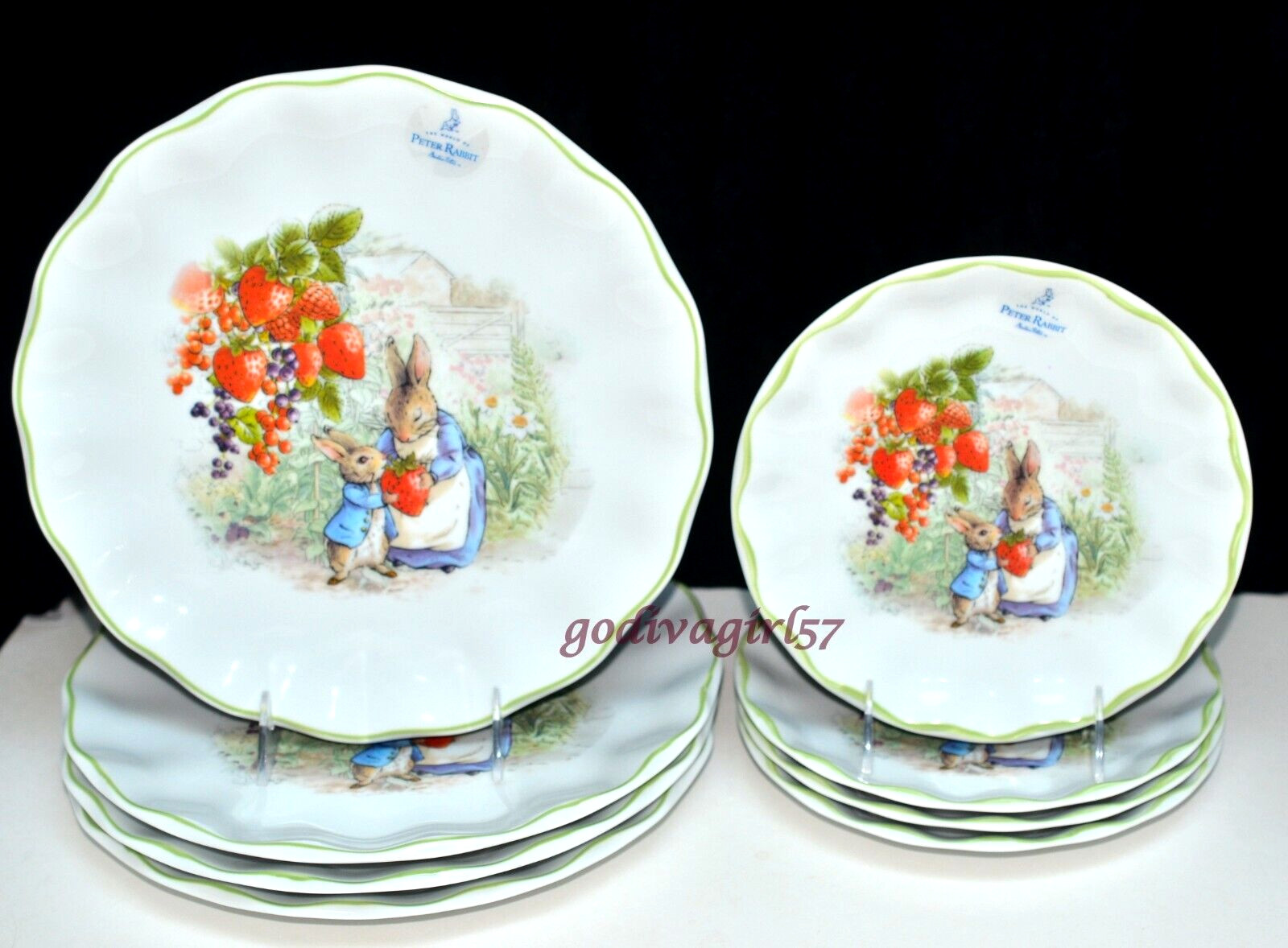 8pc Zrike Beatrix Potter Peter Rabbit 4 DINNER, 4 SALAD PLATES Easter Green Edge