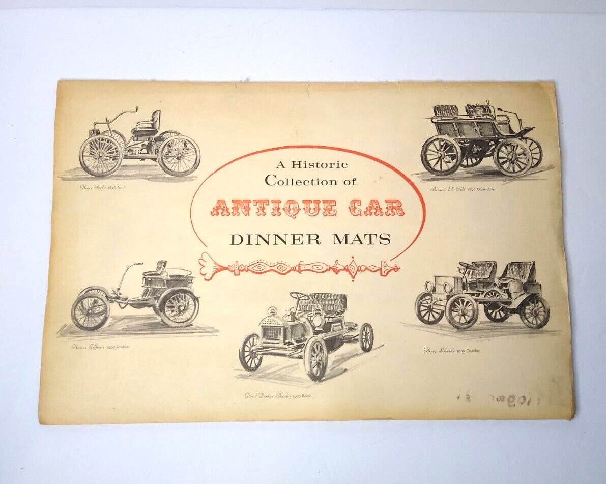 VTG Historic Collection Antique Car Hand Sketched Laminated Dinner Mats Set of 6