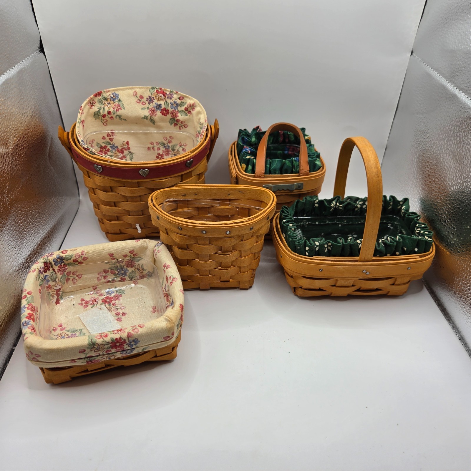 Longaberger Basket Lot 5 Vintage Handwoven USA Liners Protectors Handles