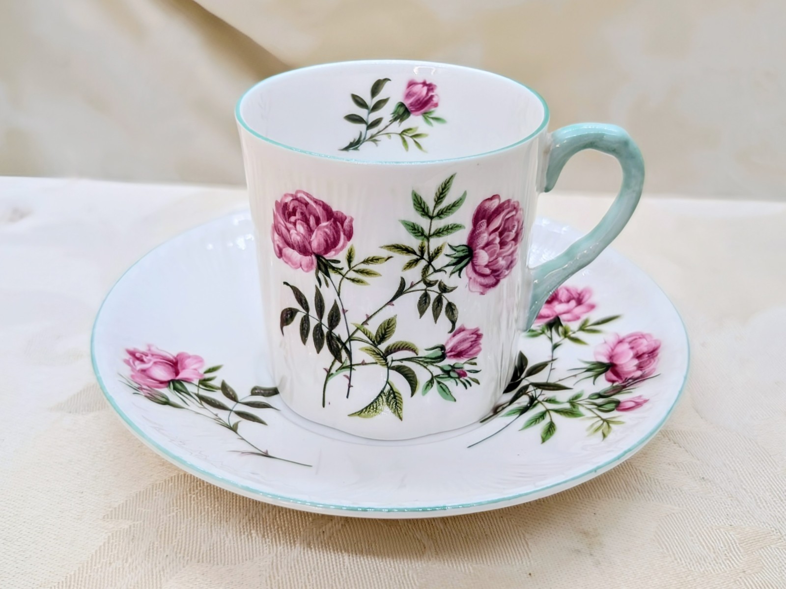 Vintage Shelley Dainty Coffee Can Saucer Eglantine Pink Roses Aqua Trim Cup Demi