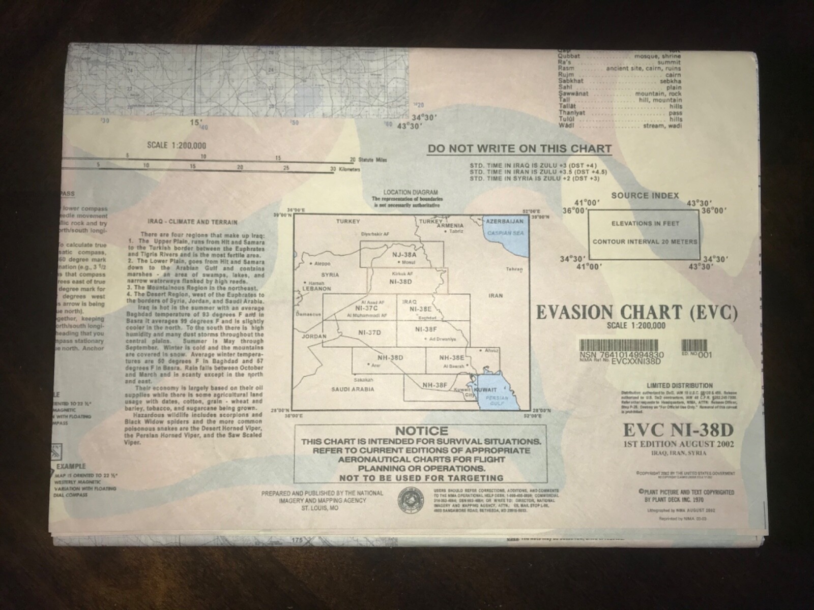 MAP EVC NI-38D US MILITARY ESCAPE EVASION CHART  IRAQ IRAN SYRIA 2002 NEW