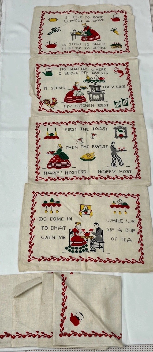 Vintage Mid Century Kitchen Placemats Napkins Set 8 Printed Cross Stitch Teapot