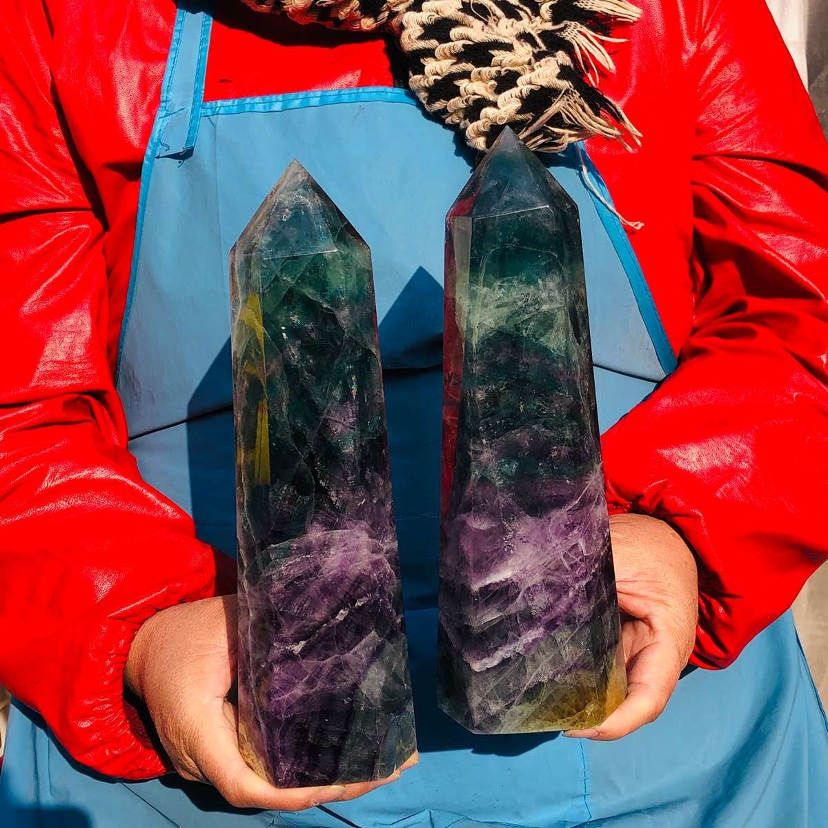 2pcs 7.59 LB Natural Fluorite crystal Hexagonal point Column Healing Reiki 3566