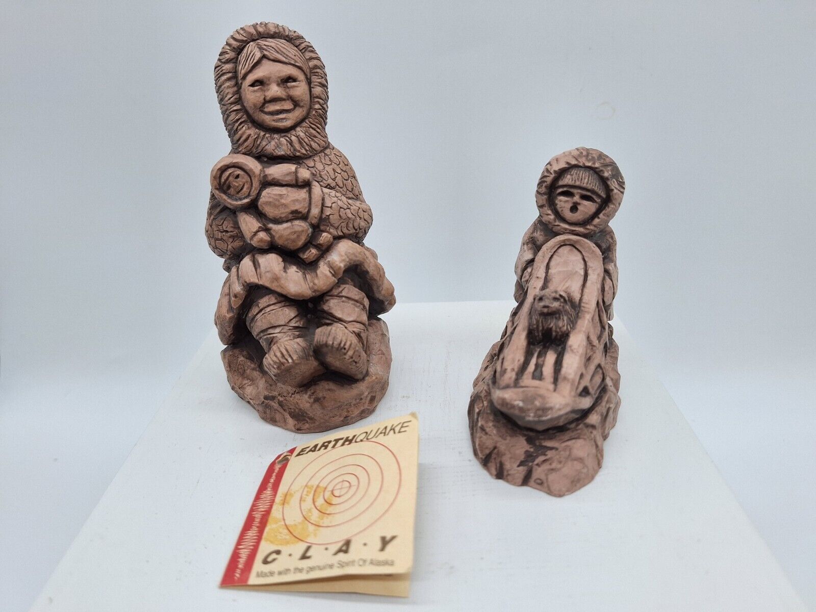 Earthquake Clay 2 Figurines Mother Child  Child and Dog Vtn 1960's Alaska